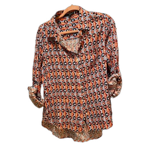 Velvet Heart geometric print collared button down hi-lo top sz L
